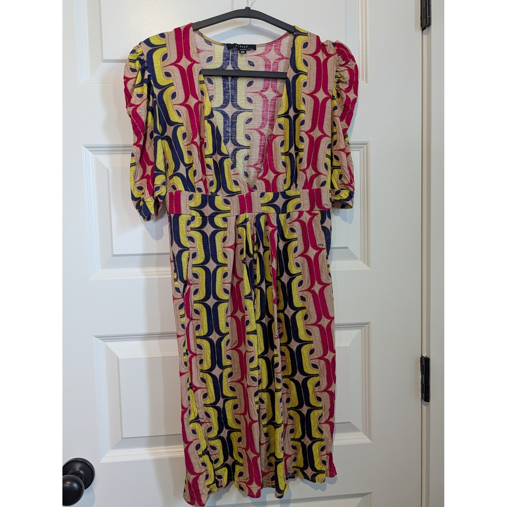 t-bags Los Angeles Geometric Print V-Neck Empire Waist Rayon Dress Pink Yellow M